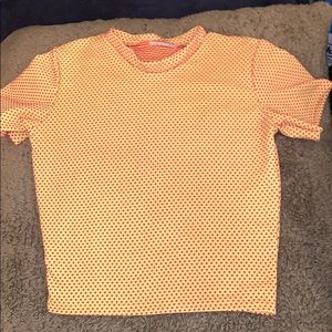 bright yellow spandex top w/red dot texture